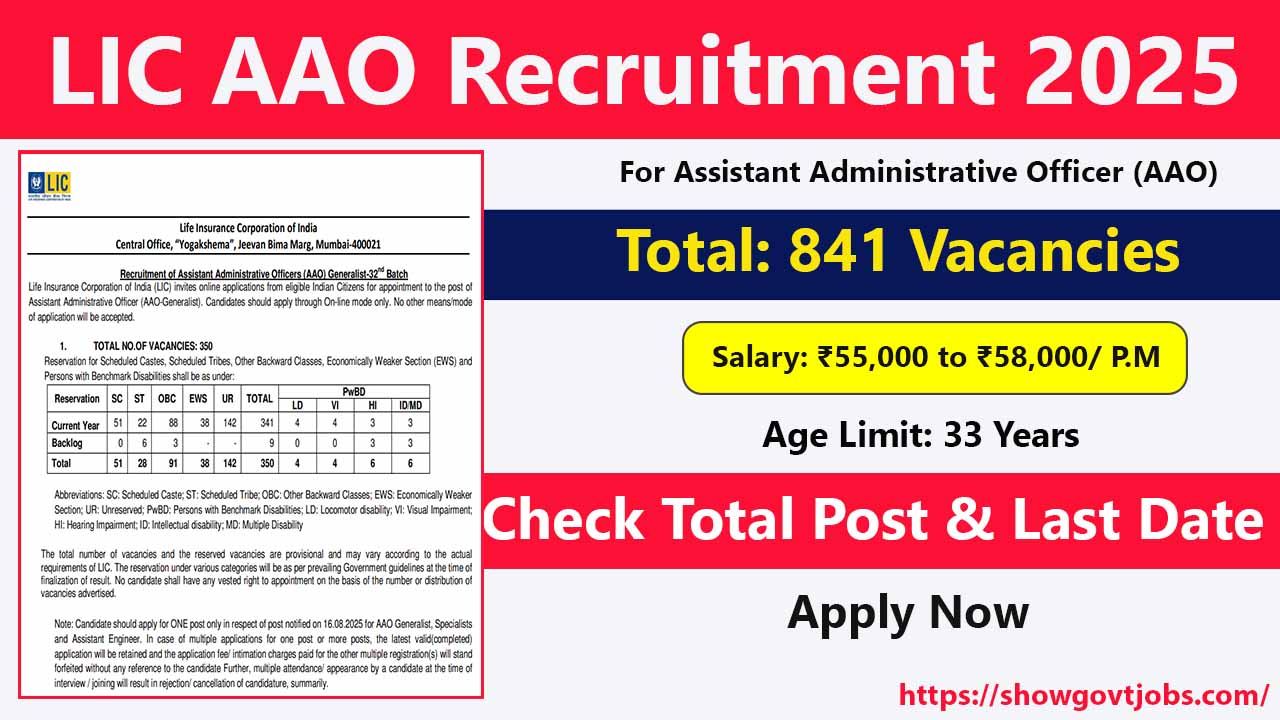 LIC Assistant Administrative Officer Recruitment 2025: Apply for 841 Post