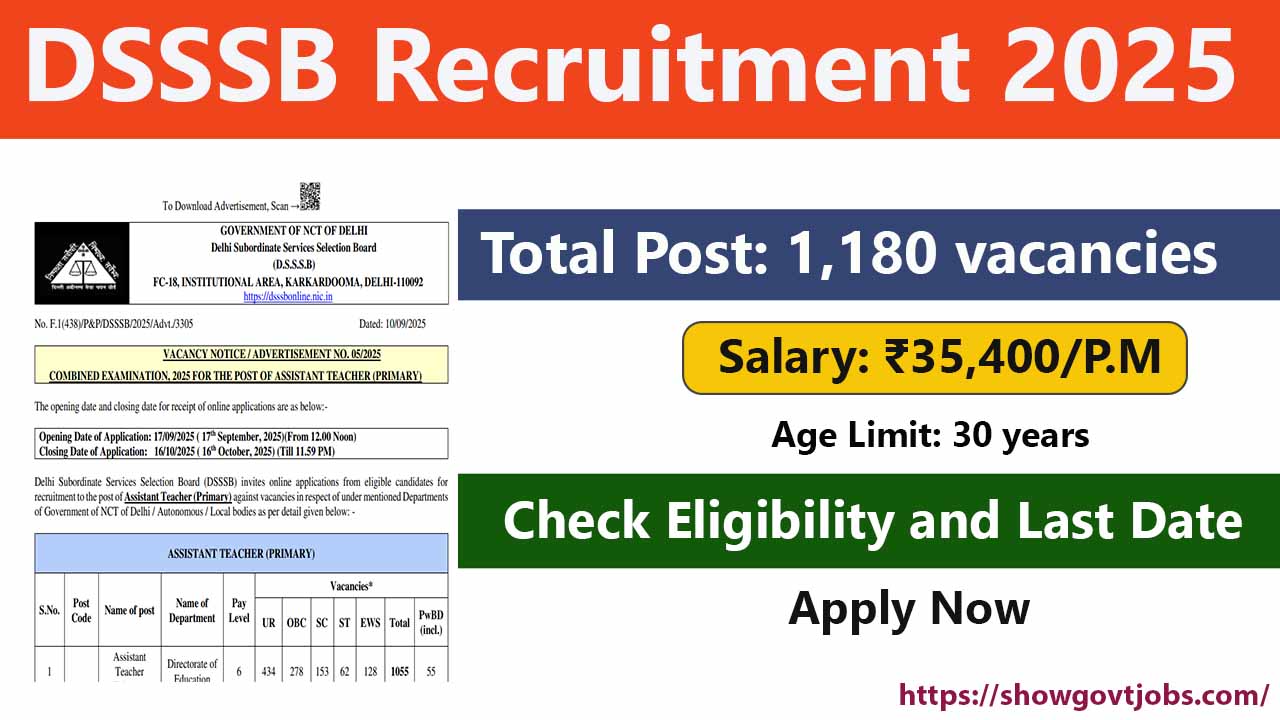 DSSSB Primary Assistant Teacher Recruitment 2025