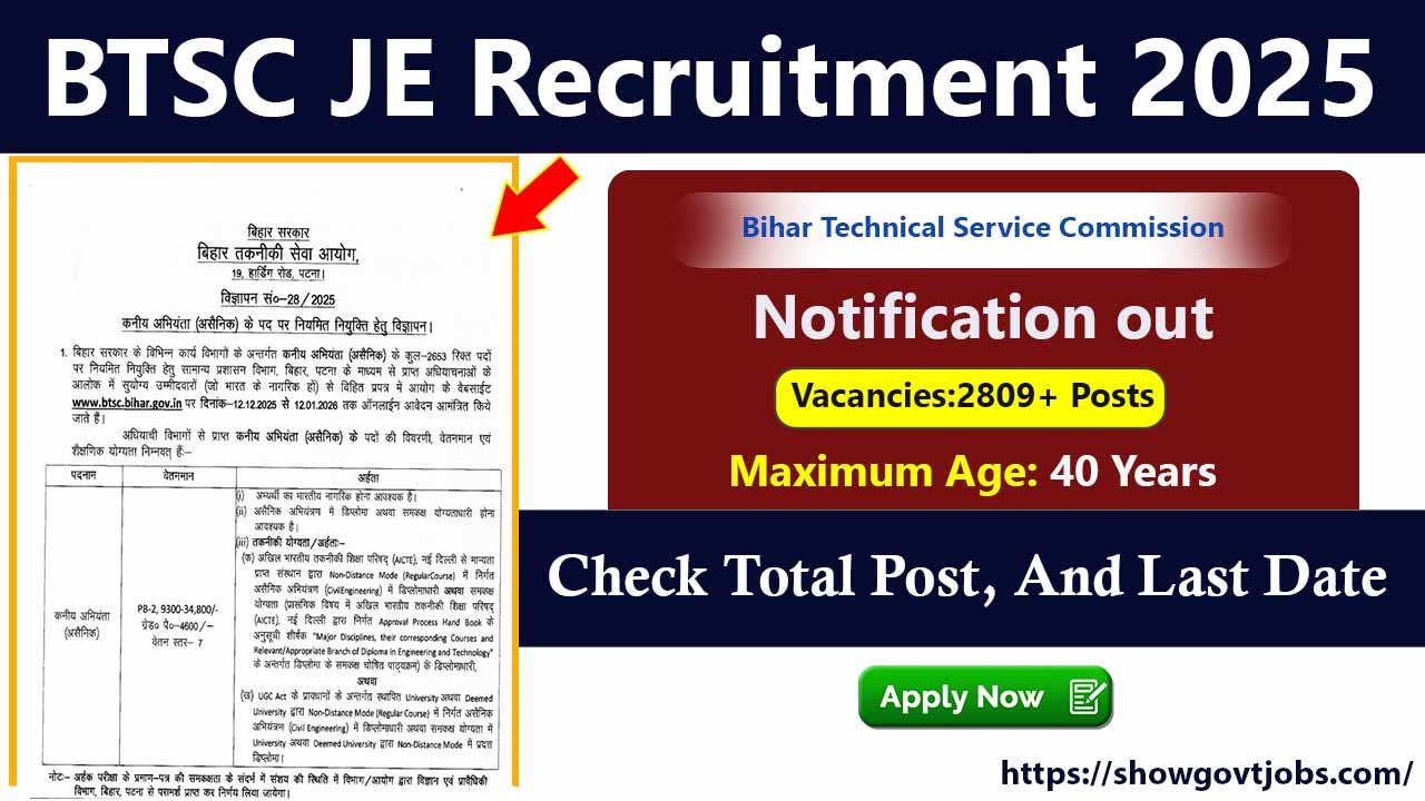 Bihar BTSC JE Junior Engineer Recruitment 2025